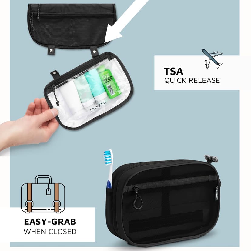 Toiletry Bag Kit Set: Hanging Travel Toiletry Bag + 311 TSA Cosmetic Liquid Bag + Ultralight Accessory Organizer Pouch, Black Ripstop, 3 Piece Toiletry Set - 8
