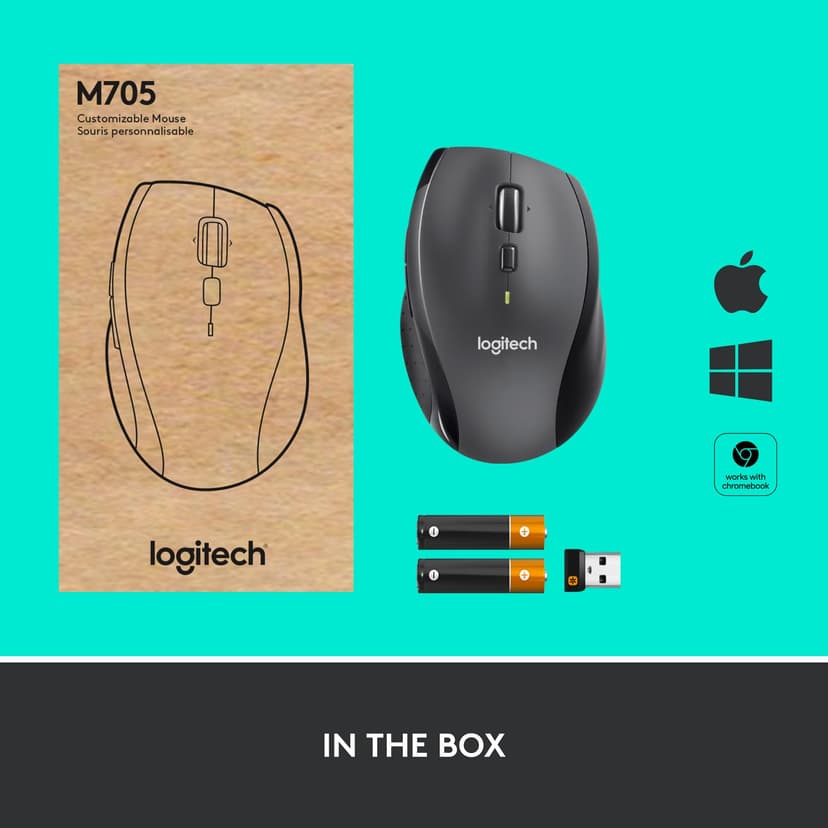 Logitech M705 Marathon Wireless Mouse, 2.4 GHz with USB Unifying Mini-Receiver, 1000 DPI Laser Grade Tracking, 7-Buttons, Extra Thumb Buttons, 3-Year Battery Life, PC / Mac / Laptop - Black - 9