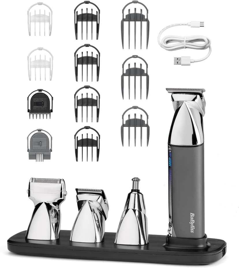BaByliss Tondeuse Multi-usage Super-X Metal 15 in 1 - Tout-en-un, Kit complet sans fil incluant une tondeuse barbe, corps & nez et oreilles, Waterproof, Lames en acier japonais, Argent/Gris, MT996E - 1