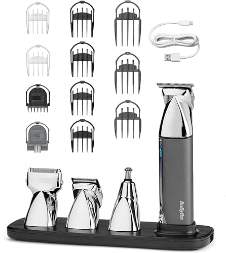 BaByliss Tondeuse Multi-usage Super-X Metal 15 in 1 - Tout-en-un, Kit complet sans fil incluant une tondeuse barbe, corps & nez et oreilles, Waterproof, Lames en acier japonais, Argent/Gris, MT996E