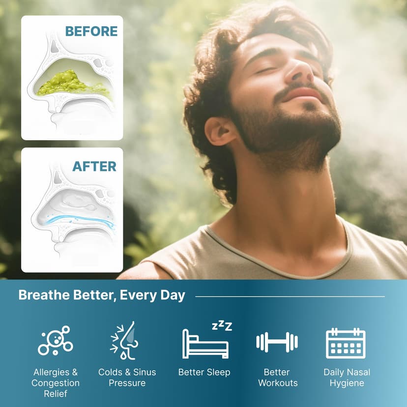 NASALFRESH MD Premium Bundle – Dual Powered Nasal Irrigation System – Sinus Decongestant Relief System – 60 Saline Packets, Case, 2 Sets of Nose Pillows – Snoring Remedy - 6