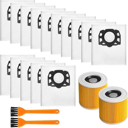 Pack of 15 for Kärcher KFI 357 Vacuum Cleaner Bags + 2 Filters + 2 Filter Brushes Replacement for Kärcher WD2 Plus, WD2, WD3, SE4002, SE4001 KWD1-3 WD3.200, 2.863-314.0, Filter for WD3P Accessory Set