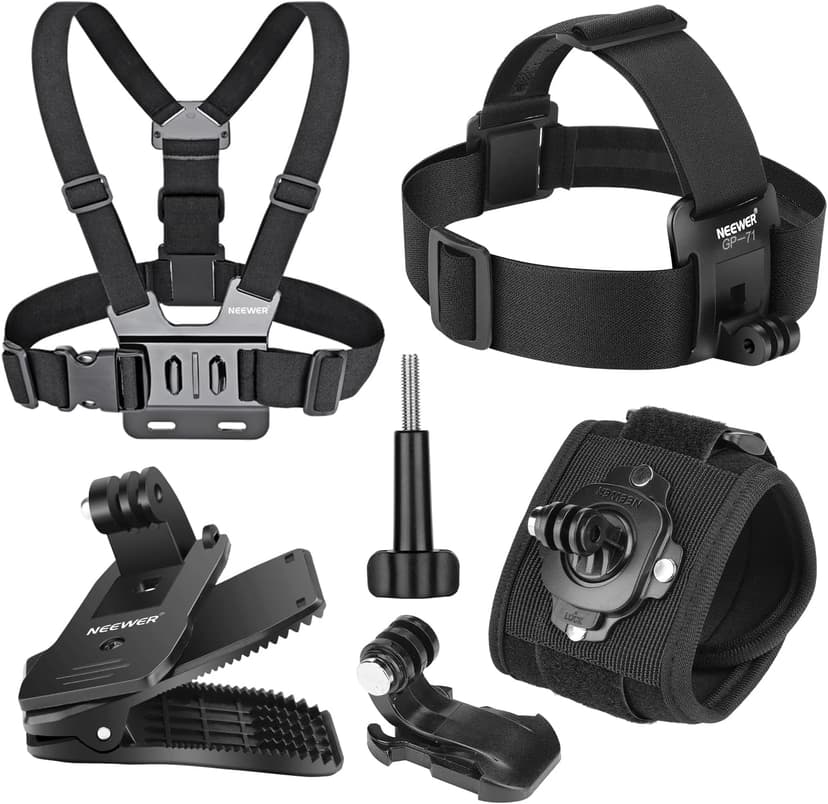 NEEWER Kit Accessori Compatibile con GoPro Hero Insta360 DJI AKASO Actioncam Supporto Fascia Testa Pettorina Imbracatura Toracica, Clip Zaino Cappello e Cinturino da Polso 360° per Riprese POV, GP-75 - 1
