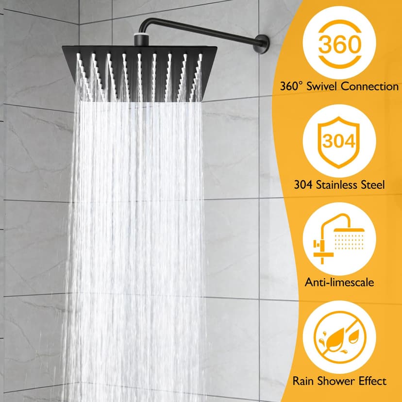 Bubuny Rain Shower Head Square Stainless Steel Shower Head 20 x 20 cm Adjustable Square with Self-Cleaning Nozzles Black - 6