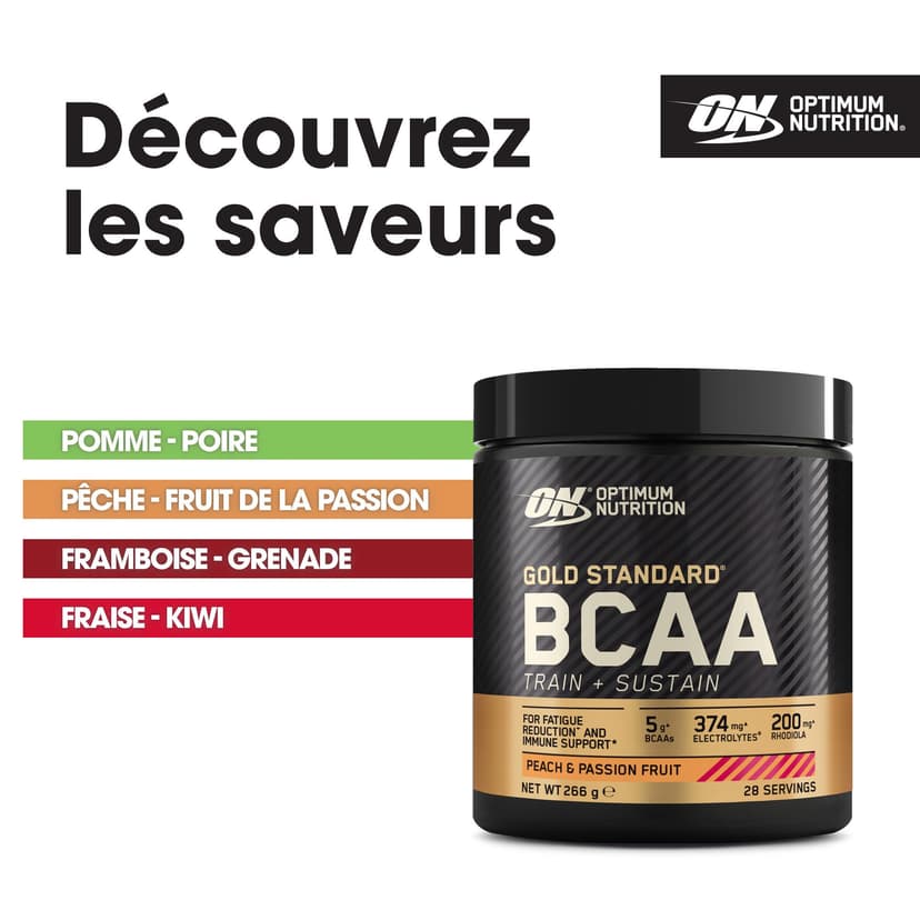 Optimum Nutrition Gold Standard BCAA Train + Sustain, Amino Acids Pre Workout Powder, Sports Drink with Vitamin C, Zinc, Magnesium and Electrolytes, Peach & Passionfruit Flavour, 28 Servings, 266 g - 5