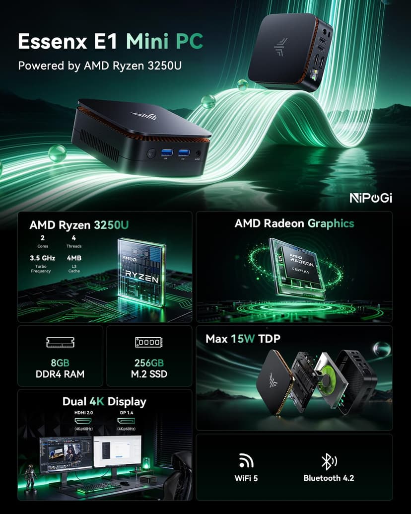 NiPoGi Essenx E1 Mini PC AMD Ryzen 3250U Windows 11 Pro (2C/4T, up to 3.5 GHz) 8GB DDR4 RAM + 256GB SSD, 4K@60Hz dual display HDMI 2.0 + DP/Wi-Fi/BT/LAN, mini computer for office/education - 2