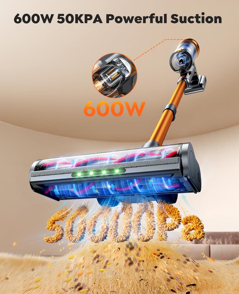 SMOTURE Cordless Vacuum Cleaner,50Kpa/600W Powerful Stick Vacuum with Self-Standing Design &1m Flexible Hose, 65Mins(eco) Runtime Anti-Hair Wrap Cordleme Carpet Hard Floor Car Pet Hair - 2