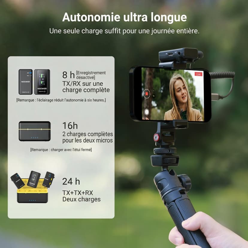 NEEWER CM28 Pro Système de Microphone Cravate sans Fil avec étui de Chargement 48 kHz 16 Bits Audio Non compressé Suppression du Bruit 4 Go de Stockage 9 Heures d'enregistrement - 9