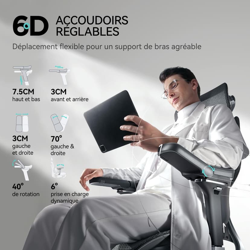Hbada E3 Pro Chaise de Bureau Ergonomique Fauteuil de Bureau - Soutien Lombaire Dynamique 3 Zones, Appui-Tête 4D Réglable, Accoudoirs 6D Réglables, Pivotant avec Repose-Pieds, Noir - 3