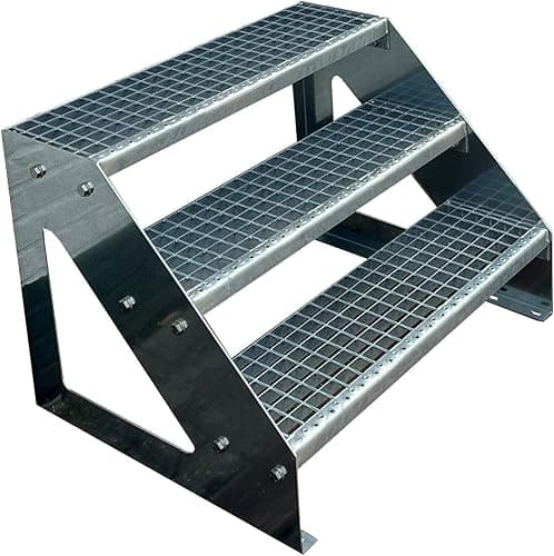 Premium Steel Grating 3 Steps Freestanding Stringboard Fully Galvanised – Dimensions (L x W x H) 63 cm x 80 cm x 57 cm Weatherproof and Corrosion Protected