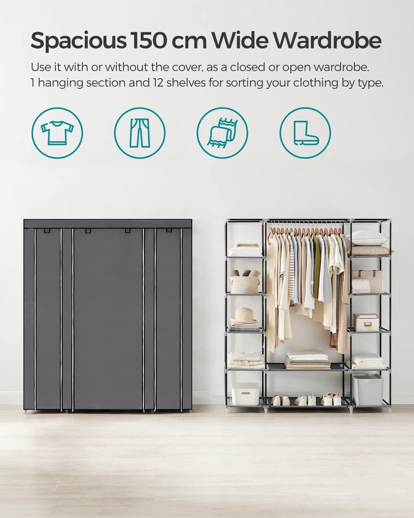 SONGMICS Armoire en Tissu 12 avec Tringle à vêtements et étagères - Armoire Solide pour Chambre à Coucher, Dressing, 150 x 45 x 175 cm, Gris LSF03G - 7