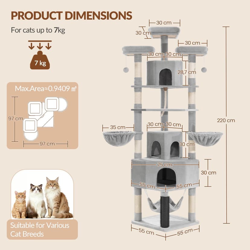 Fobyfurny Large Cat Tree, 220cm Cat Climbing Frame with Large Cave, 3 Top Perches, 8 Sisal Posts, Hammock, Baskets, Grooming Post, Thick Sisal Rope, Play Towers & Trees for Cats, Light Grey FPMS011FG1 - 5