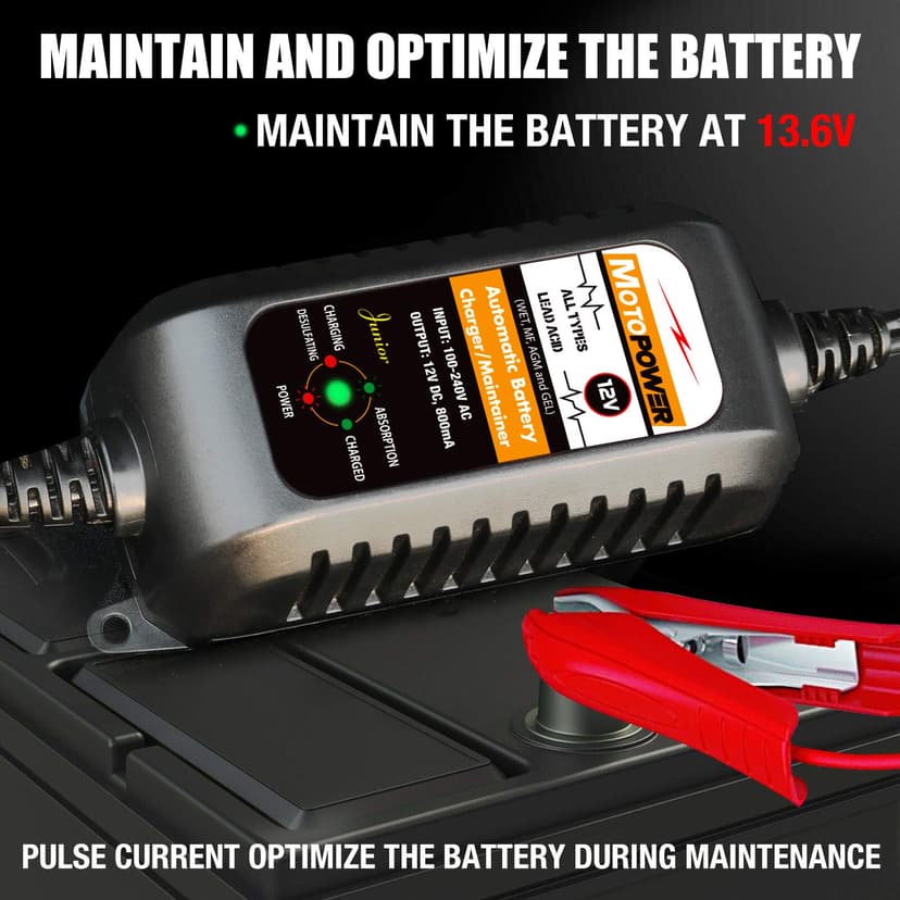 MOTOPOWER MP00205A 12V 800mA Fully Automatic Battery Charger/Maintainer for Cars, Motorcycles, ATVs, RVs, Powersports, Boat and More. Smart, Compact and Eco Friendly - 5