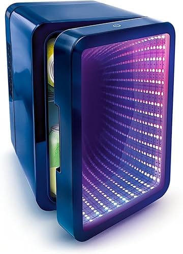 So Chill - Infinity LED Mini Fridge - 6 Cans or 8 Mini Cans - Mirror Effect Door - 12 Light Modes - Stickers - for Desk, Bedroom, Car - USB Power Supply (5V SELV) - INF 041