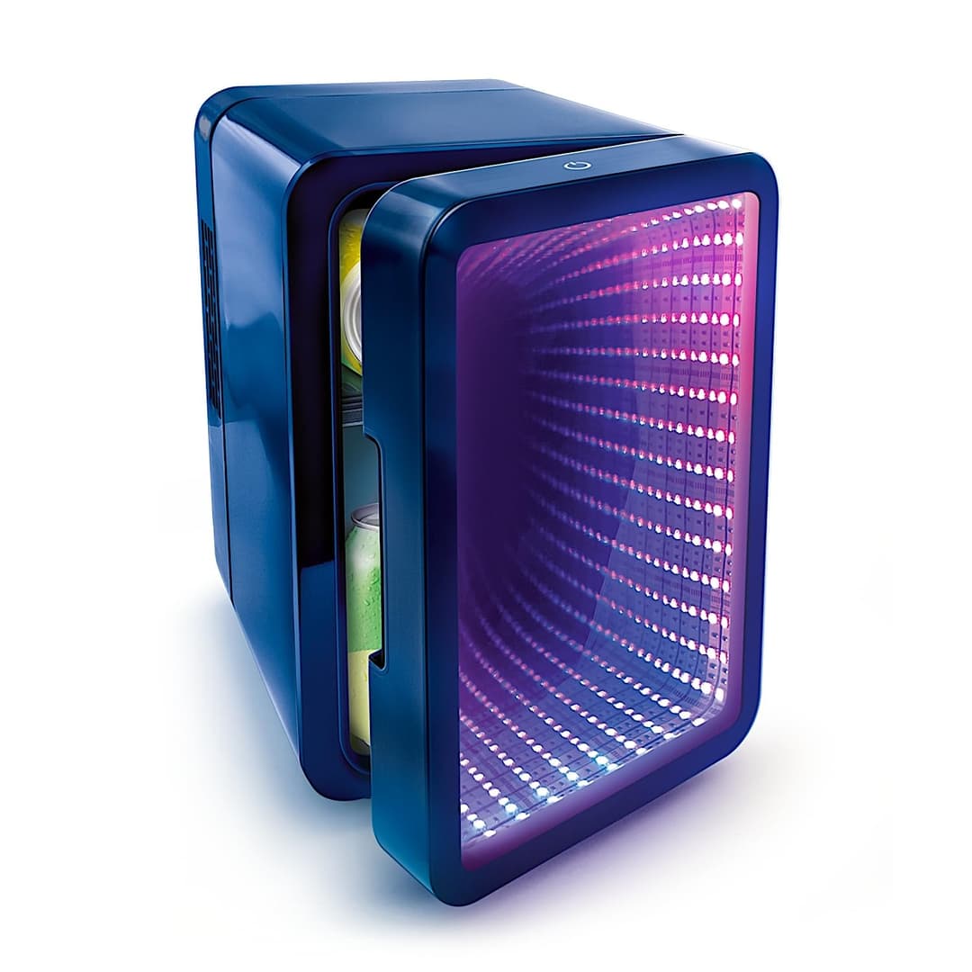 So Chill - Infinity LED Mini Fridge - 6 Cans or 8 Mini Cans - Mirror Effect Door - 12 Light Modes - Stickers - for Desk, Bedroom, Car - USB Power Supply (5V SELV) - INF 041