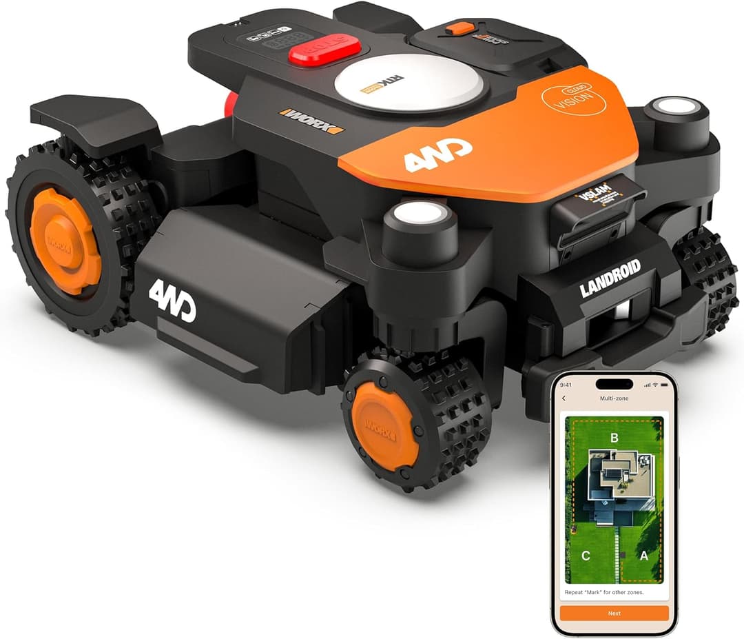 WORX Vision Cloud 4WD WR341E Robot Lawnmower 1000 m² Wireless Peripheral Smart Navigation RTK + Vision AI, 4 Wheel Drive, Off-Road, 80% Slope, Avoids All Obstacles, Multi-Zone