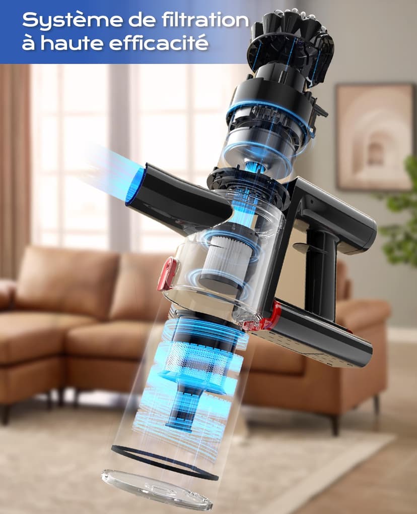 Cordless Vacuum Cleaner 50 Mins/40 KPA/450 W, Battery Vacuum Cleaner with Geen LED, Wireless Vacuum Cleaner with Upgraded Floor Brush, Vacuum Cleaner Battery for Pet Hair, Blue - 4