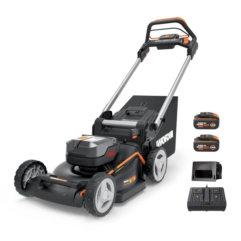 WORX Nitro WG749E Rasaerba 40 V (2 x 20 V) | PowerShare | Include 2 batterie 4 Ah e caricatore doppio | 46 cm con trazione | Mulching | 7 posizioni di altezza - 1