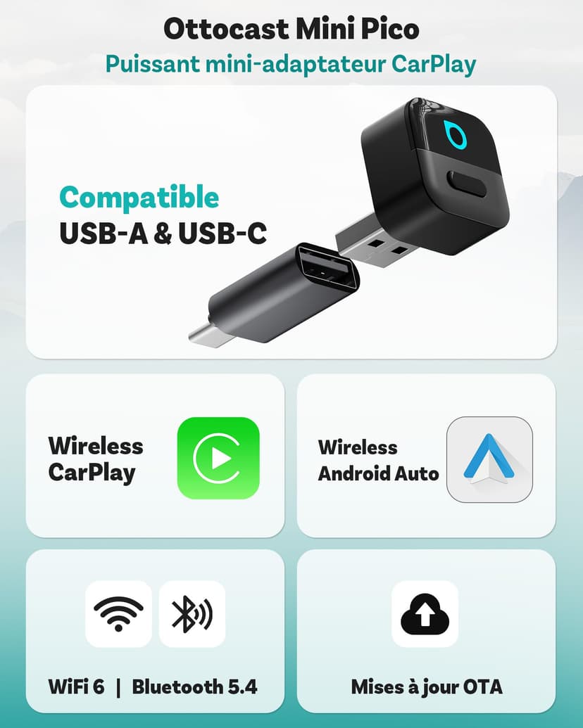 Ottocast Mini Pico 2026 Wireless CarPlay & Android Auto Adapter, WiFi 6 & Bluetooth 5.4, Mini Plug & Play USB Dongle, Wired to Wireless, Auto Reconnect, OTA Upgrade - 2