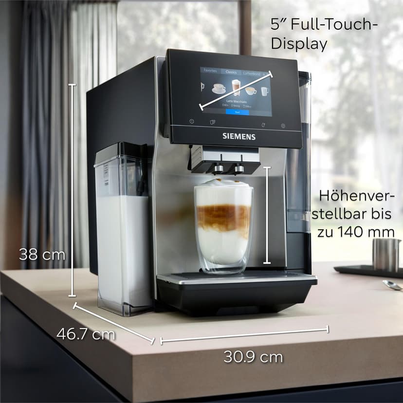Siemens Fully Automatic Coffee Machine EQ700 Integral, Large Coloured TFT Display, 36 Hot and Cold Drinks, Cold Brew, 2-Cup Function, App Control, Automatic Cleaning System, Stainless Steel, Black - 2