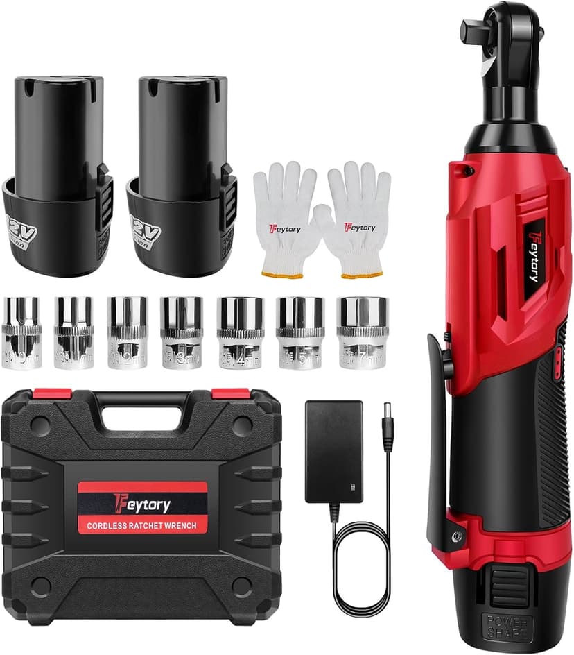 Elektrische Ratschenschlüssel Set, 12V Akku Ratschenschlüssel 3/8",akku ratsche mit Drehmoment 40N.m,0-300RPM mit 2 * 1500 mAh Batterie,7 Steckdosen,elektrische ratsche für Für Möbel und Autos - 1