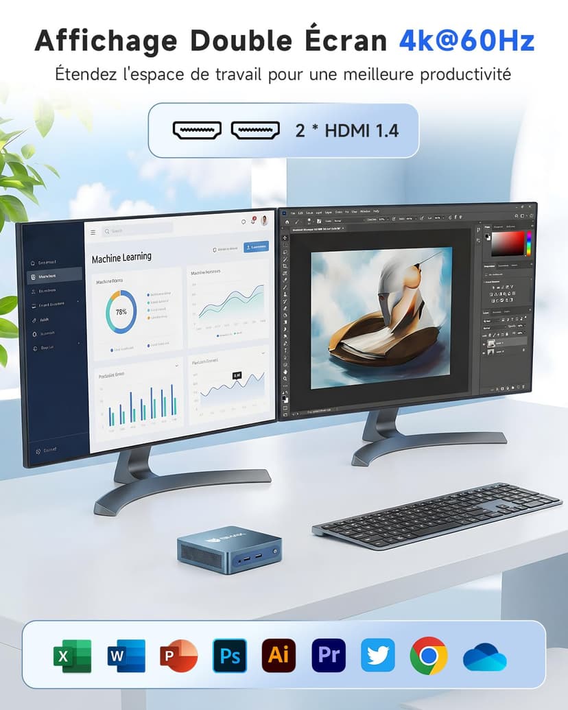 BMAX B1Plus Mini PC Win 11, Intel Celeron J3355(jusqu'à 2,5 GHz) 6 Go LPDDR3 RAM 128 Go eMMC SSD, Mini Ordinateur de Bureau Double écran, WiFi 5, BT5.0, Tour PC pour l'école/Bureau - 5
