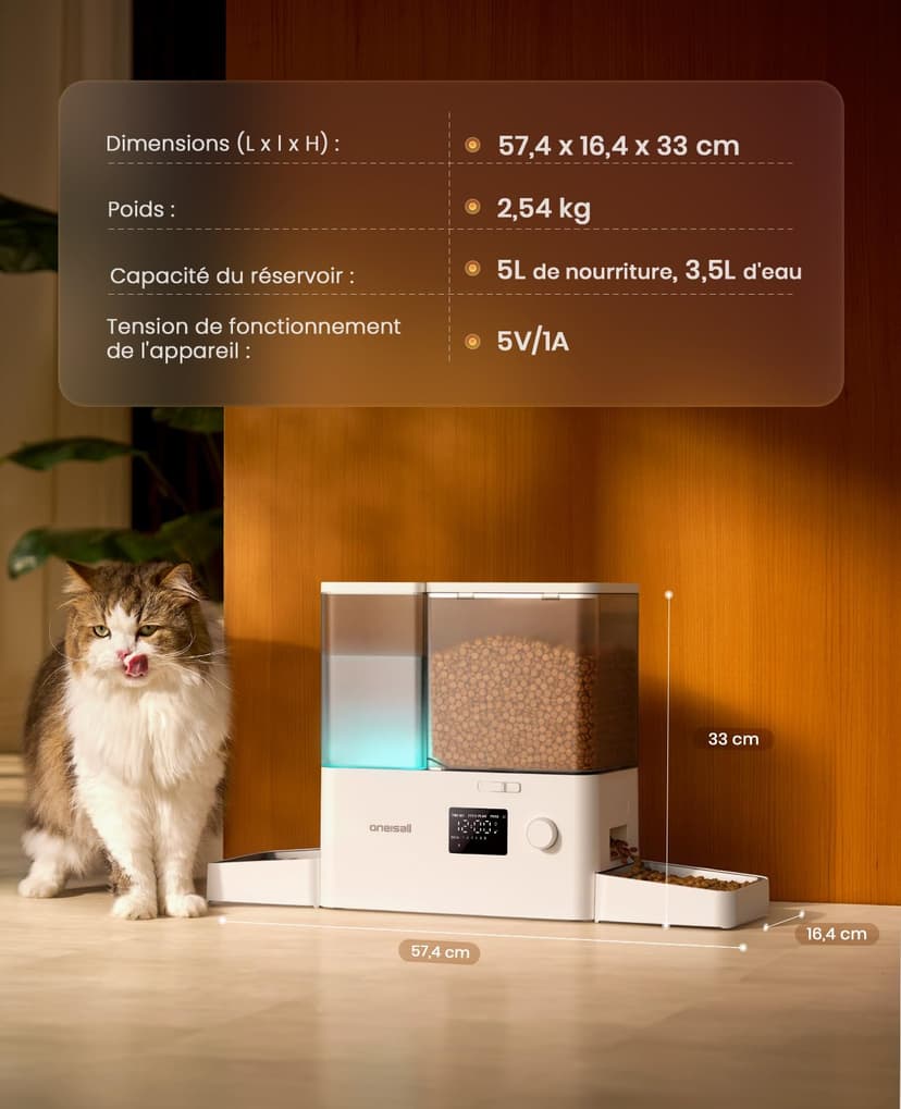 oneisall Distributeur d'eau et d'alimentation Automatique pour Chat, 36 Tasses/8,5 l, 2 en 1, Nourriture Propre, Eau Douce, Grande capacité, Distributeur de Nourriture pour Chat chronométré et - 8