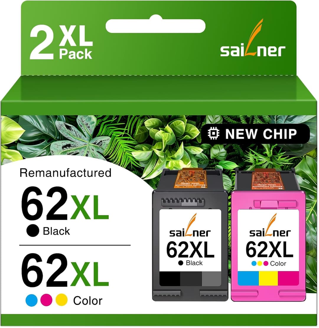 Sailner 62XL 62 XL Multipack Printer Cartridges Compatible with HP 62 Envy 5640, 5540, 7640, 5548, 5544, 5646, OfficeJet 5740, 5742, 250, 200, 1 x Black, 1 x Colour Pack of 2