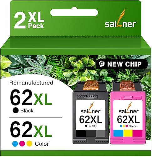 Sailner 62XL 62 XL Multipack Printer Cartridges Compatible with HP 62 Envy 5640, 5540, 7640, 5548, 5544, 5646, OfficeJet 5740, 5742, 250, 200, 1 x Black, 1 x Colour Pack of 2