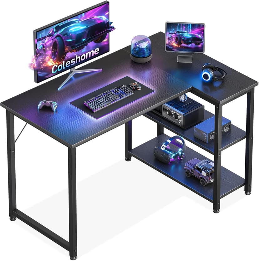 Coleshome Bureau Gaming, 100x70cm Bureau d'angle avec étagère de Rangement Réversible, Bureaux en L Peu Encombrant, Adapté comme Bureaux pc dans Les Coins Familiaux, Noir - 1