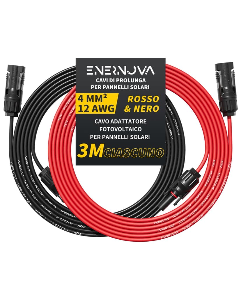 Câble Solaire 4mm²/6mm², Cable Panneau Solaire 1/2/3/5/8/10/12/15/18/20M, IP67 Étanche, Câble d'extension de Câble Solaire avec Connecteurs Mâles et Femelles pour Panneau Solaire(4mm² 3M) - 1