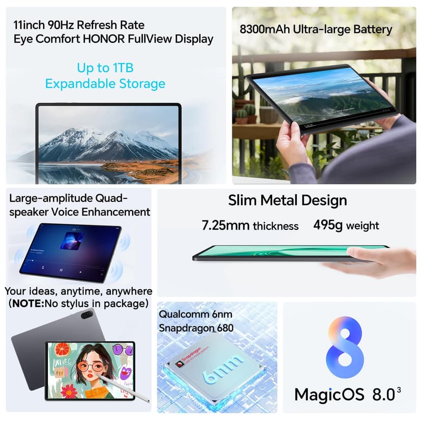 HONOR Pad X8A 4Go 64Go, Extensible à 1 TB, WiFi Tablette, Écran 11 Pouces 90Hz, Snapdragon 680, 4 Haut-parleurs, Batterie de 8300mAh, Corps en métal, Android 14, Google Service, Gris - 2