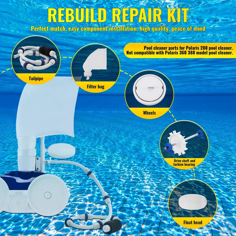 Rebuild Repair Kit Replacement for Polaris Zodiac Automatic Pool Cleaner 280 with Wheel, Tire, Drive Shaft, Turbine Bearing, All Purpoe Bag, Sweep Hose, Wheel Bearing, Tailsweep Pro - 2