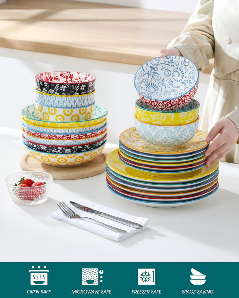 vancasso SELENE Assiettes Service de Table pour 6 Personnes, 24 Pièces, Vaisselle en Porcelaine Pastel - 6 Assiette Plate, à Dessert, Creuses et Bols - Adapté au Micro-Ondes - Style Floral Coloré - 4