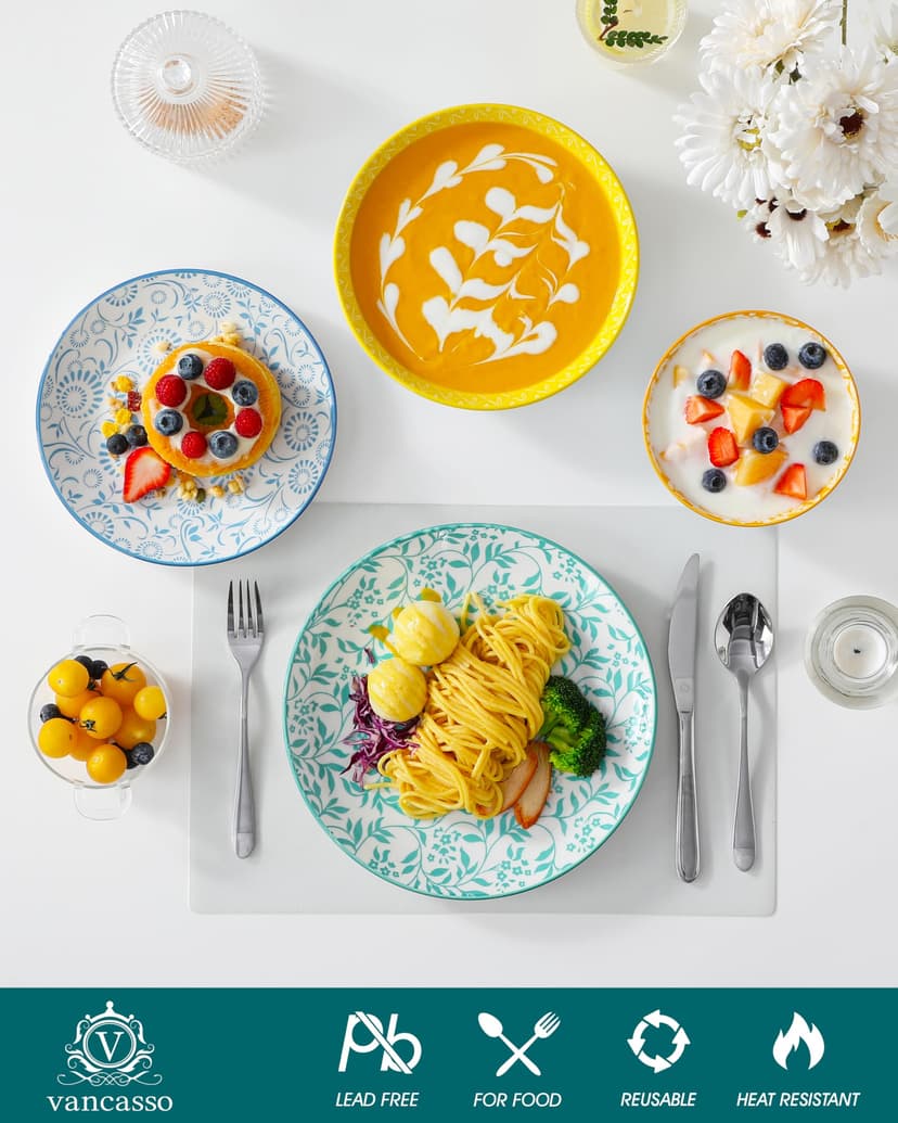 vancasso SELENE Assiettes Service de Table pour 6 Personnes, 24 Pièces, Vaisselle en Porcelaine Pastel - 6 Assiette Plate, à Dessert, Creuses et Bols - Adapté au Micro-Ondes - Style Floral Coloré - 5
