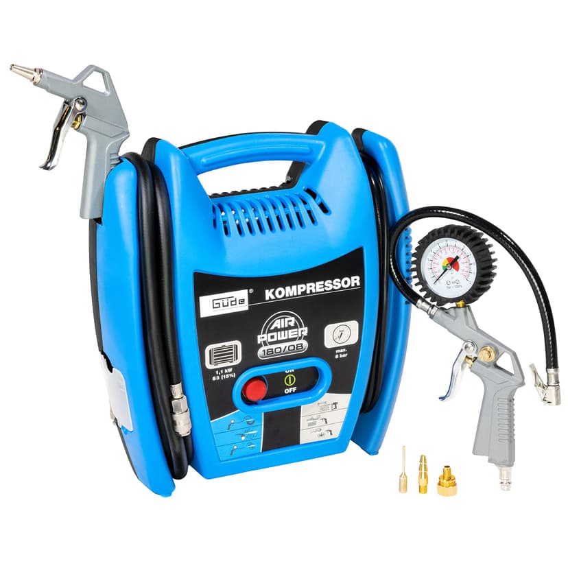 Güde Compresseur Airpower 180/08 (sans huile et nécessitant peu d'entretien, entraînement par courroie, 8 bars, 1100 W, débit effectif 140 l/min, tuyau d'air comprimé de 2,5 m avec raccord rapide - 1