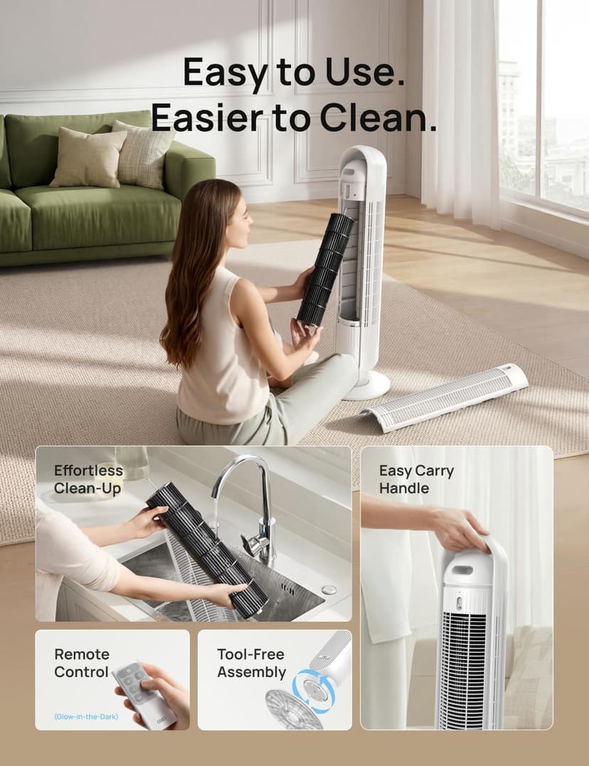 Dreo ventilateur colonne silencieux, Vitesse 7,6 m/s - Oscillant à 90° ventilateurs tour pour chambre, 92 cm de haut, Télécommande incluse, 4 vitesses, 4 modes, minuterie 8H, Noir - Nomad One - 6