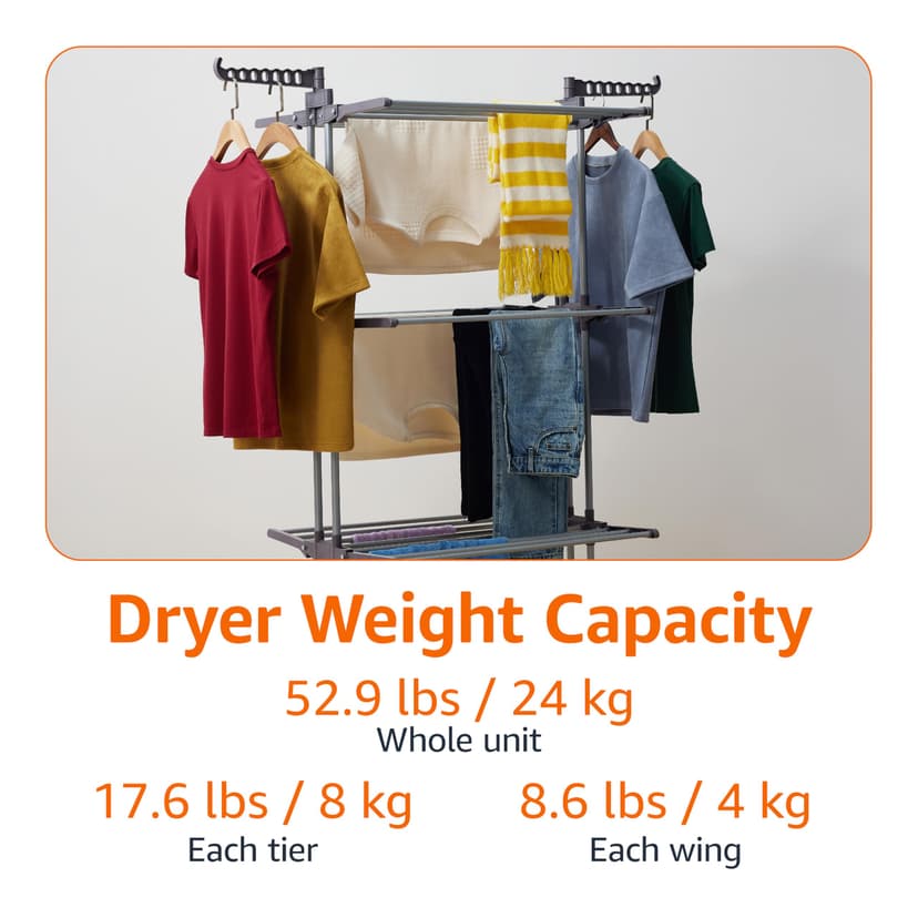 Amazon Basics Clothes Airer, 4-Tier Adjustable Drying Rack with 6 Foldable Wings, 126cm x 64cm x 173cm for Indoor Laundry, Silver - 4