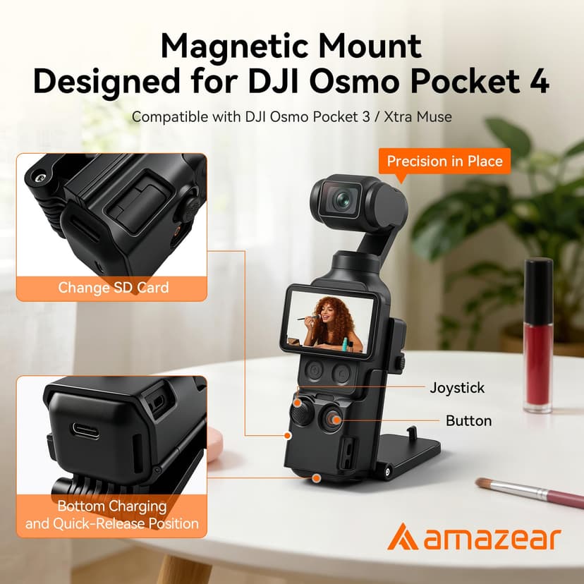 AMAZEAR Support magnétique pour DJI Osmo Pocket 4/3, Accessoire Pocket4/3, Adaptateur d'extension magnétique, Support de boîtier à succion Aimant sur Bureau, Surface Verticale, Ajustable à 180° - 2