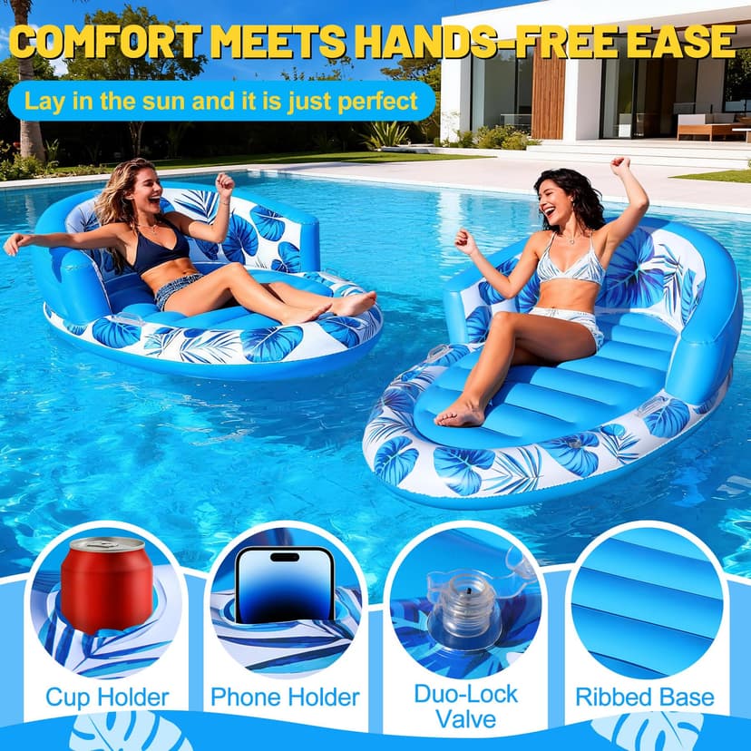 Luxfero Matelas Gonflable Piscine Adultes, 160 x 100 cm Bouée Gonflable Piscine avec Dossier, Matelas Piscine Gonflable avec Porte-Boisson et Porte-Téléphone, Piscine de Bronzage pour Plage et Jardin - 3