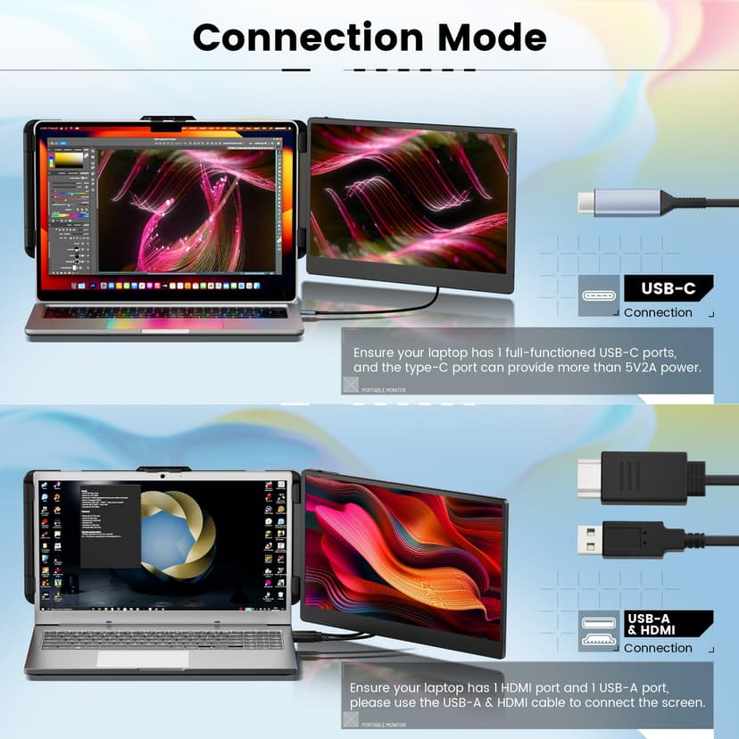 domyfan 14" Laptop Monitor, FHD 1080P IPS Dual Laptop Screen, HDMI/USB-A/Type-C Plug and Play for Windows,Mac,Chrome,Android, Xbox, PS5, Work with 13.3"-17" Laptops - 6