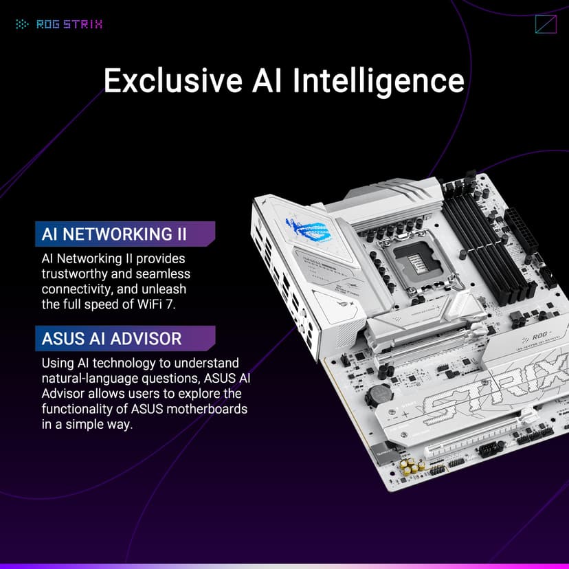 ASUS ROG Strix B860-A Gaming WiFi ATX motherboard, Advanced AI PC-ready, 14+1+2+1 power stages, DDR5 slots, PCIe 5.0, four M.2 slots, WiFi 7, AI Networking II, Aura Sync RGB lighting. - 2