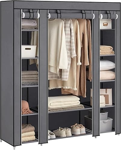 SONGMICS Armoire en Tissu 12 avec Tringle à vêtements et étagères - Armoire Solide pour Chambre à Coucher, Dressing, 150 x 45 x 175 cm, Gris LSF03G
