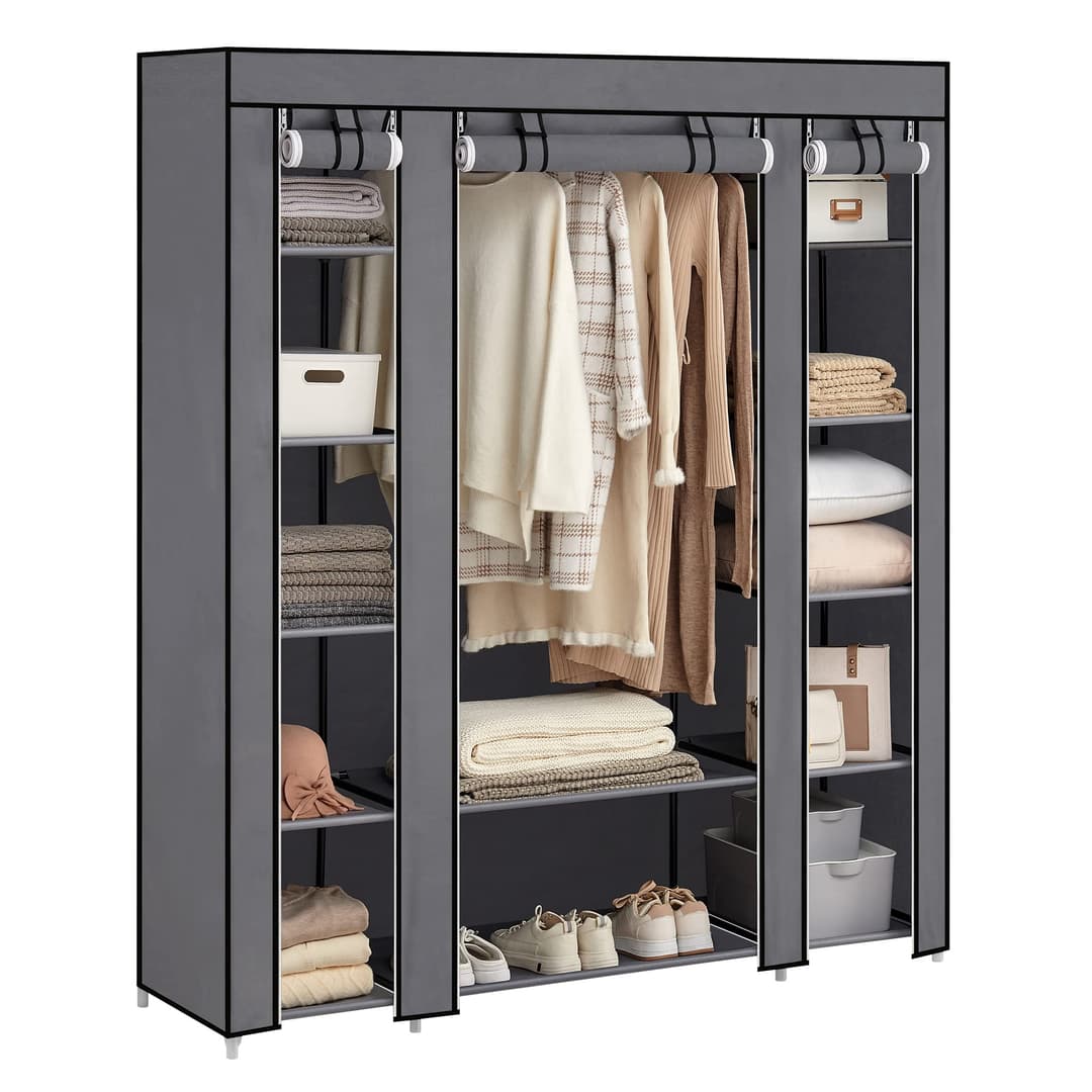 SONGMICS Fabric Wardrobe, Portable Wardrobe for Bedroom, Clothes Rail with Non-Woven Fabric Cover, Clothes Storage Organiser, 45 x 150 x 175 cm, 12 Compartments, Metal Frame, Grey LSF03G