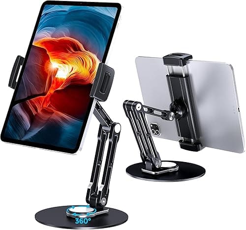 Lucrave Tablet Stand Holder for iPad, Adjustable with 360 Rotating Base for Desk, Aluminum Tablet Stand with 11" Arm Compatible with iPad Air/Mini, 10.2/9.7, Pro 11/13 and More, Black