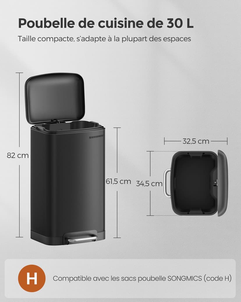 SONGMICS Poubelle 30L, avec Pédale en Acier, Seau Intérieur et Couvercle, Poignée, Fermeture en Douceur, Hermétique, pour Cuisine, Salon, Noir LTB01BK - 6