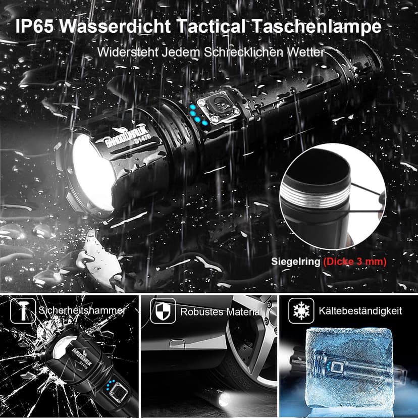 Shadowhawk LED Torch 500,000 Lumens, Extremely Bright USB Rechargeable Tactical Flashlight with Holster XHP70.2, IP67 Waterproof 5 Light Modes for Camping Hiking Emergencies - 7