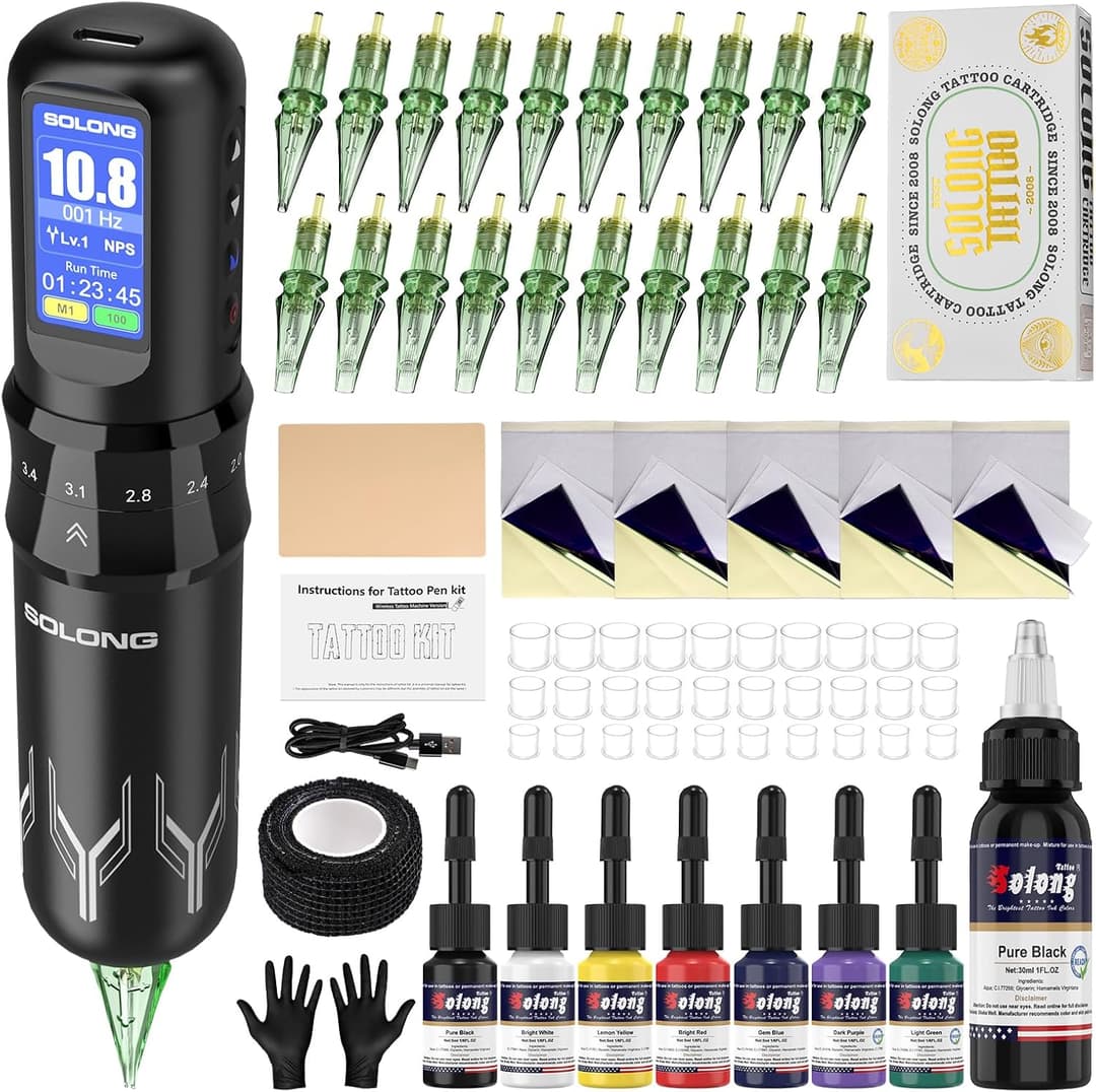 Solong Tattoo Kit 7 Stroke Speeds Professional Tattoo Machine Wireless with 1600mAh Power LED Display Rotary Tattoo Pen with 20pcs Tattoo Cartridges Needles and 7 Multicolor Ink SL-TKE200AUK-1