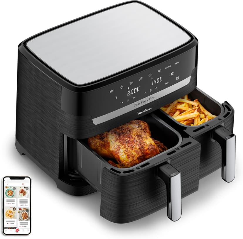 Moulinex Air Fryer, 2 Compartments + Book of 20 Recipes, XXL Capacity 8.3L, Up to 8 People, 7 Automatic Programs, Digital Touch Screen, Dual Essential Stainless Steel, YY5545FB - 1