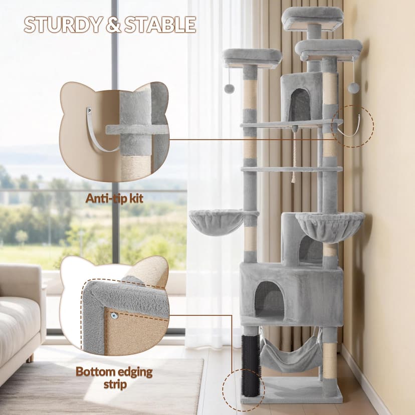 Fobyfurny Large Cat Tree, 220cm Cat Climbing Frame with Large Cave, 3 Top Perches, 8 Sisal Posts, Hammock, Baskets, Grooming Post, Thick Sisal Rope, Play Towers & Trees for Cats, Light Grey FPMS011FG1 - 8